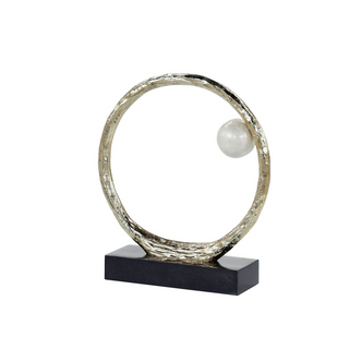 Anello di Perle Sculpture, Champagne Aluminum Ring with Pearl White Marble Orb on Iron Base, Small