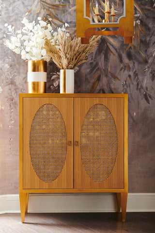 Petite Caned Bar Cabinet with Wine Storage and Glass Shelf