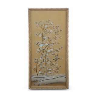 Uccelli Panel A – Hand-Painted Watercolor on Silk, Antique Silver Frame with Glass, 63" Wall Décor