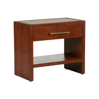 Santino Nightstand - Leather-Covered with Natural Travertine Top, Single Drawer & Shelf