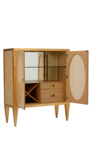 Petite Caned Bar Cabinet with Wine Storage and Glass Shelf