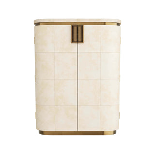 Rucci Cocktail Cabinet - Art Deco Glamor Inspired Bar with Ivory Vellum Grid Pattern and Antique Brass Accents