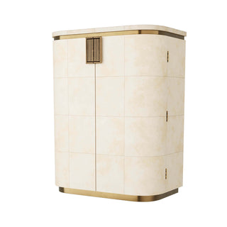 Rucci Cocktail Cabinet - Art Deco Glamor Inspired Bar with Ivory Vellum Grid Pattern and Antique Brass Accents