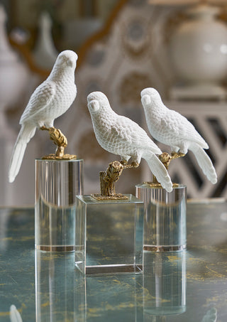 Parrot on Crystal – Elegant White Ceramic Sculpture with Antique Brass and Crystal Base