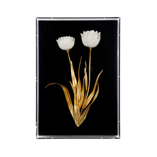 Porcelain Flower Wall Art – Handcrafted Matte White Flowers on Black Linen, Antique Gold Leaf Leaves