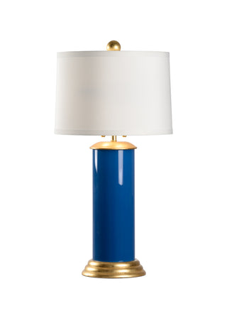 Savannah Naples Blue Glass Table Lamp – 31.5” High-Gloss Reverse-Painted Column with Dual Pull Chains and White Silk Shade – Gold Leaf Base Accent Lighting