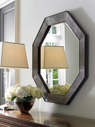 Riva Octagonal Mirror – Walnut Frame & Taupe Faux Shagreen Panels