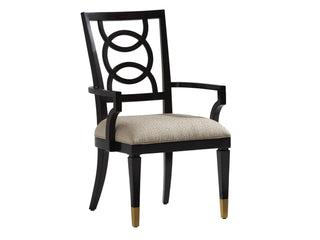 Pierce Upholstered Arm Chair – Elegant Intersecting Ring Back, Satin Gold Legs, Custom Upholstery