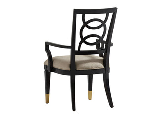 Pierce Upholstered Arm Chair – Elegant Intersecting Ring Back, Satin Gold Legs, Custom Upholstery