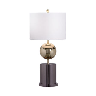 Stella Table Lamp – 32” Contemporary Modern Steel Lamp with Polished Brass and Black Nickel Finish, Off-White Linen Drum Shade – 3-Way Switch, Transitional Design