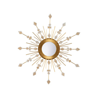 Round Stone Star Mirror – 41 Inch Antique Gold Sunburst Mirror with White Stone Accents