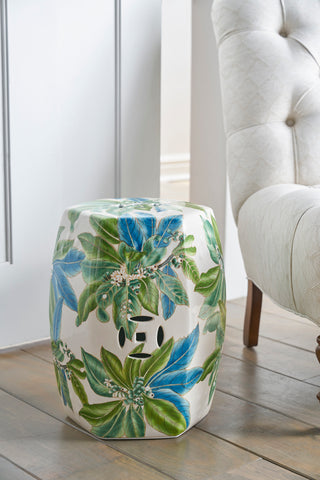 Floral Garden Seat – Crackle Glazed Porcelain with Green and Blue Details