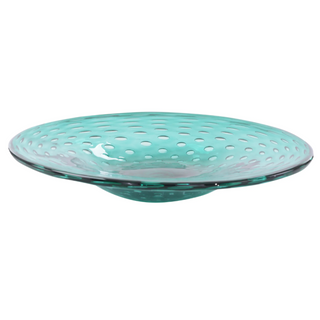 John-Richard Unique Handblown Teal Glass Bowl, Artisanal with Clear Bubbles, 19"