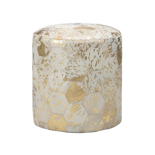 Lux Leather Pouf - Genuine Hair on Hide with Gold Accents, Hexagon Design