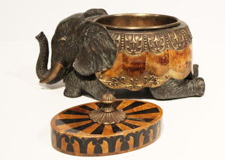 Maitland Smith Kneeling Elephant Box - Dark Bronze with Verdigris Finish and Penshell Inlay