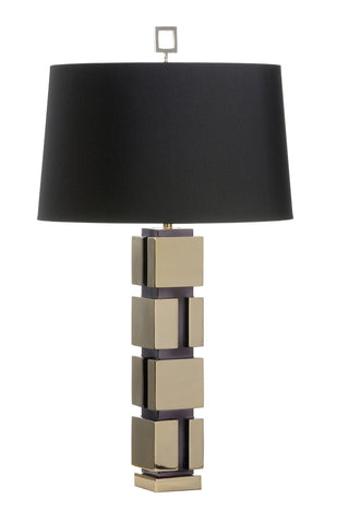 Holton Table Lamp – Modern Brass and Black Geometric Lamp with Silkette Drum Shade – 36.5” Tall, Polished Nickel Finish, 3-Way Switch, Medium Base Socket – Contemporary Desk or Accent Lighting