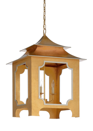 Tole Pagoda Lantern - Antique Gold Leaf Finish with Silver Trim