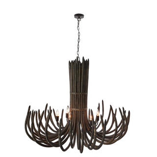 Stark Chandelier - Classic Empire Design in Gray Wash Rattan - Bronze Iron Chain