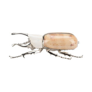 Beetle Paperweight – Silver-Plated Body with Eyed Cowrie Shell and Cow Bone, Unique Desk Accessory