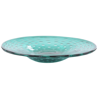 John-Richard Unique Handblown Teal Glass Bowl, Artisanal with Clear Bubbles, 19"