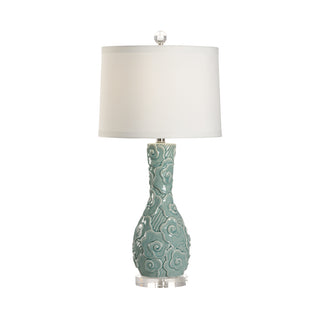 Mini Encore Table Lamp – 29” Ceramic Accent Lamp in Crackled Celedon Glaze with Polished Nickel and Acrylic Base – Off-White Silk Drum Shade, 3-Way Switch, Modern Floral Design
