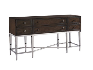 Fairfax Sideboard with X-Shape Base and Pan-Asian Motif in Black Nickel Finish – 6 Felt-Lined Drawers, Modern Chic Design