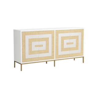 Sloan Street Cabinet - White & Natural Grasscloth and Wood, Push-Open Doors, 36" Height