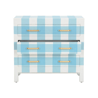 Gracious Chest - White/Blue Raffia with Gold Leaf Pulls, Elegant Three-Drawer Storage