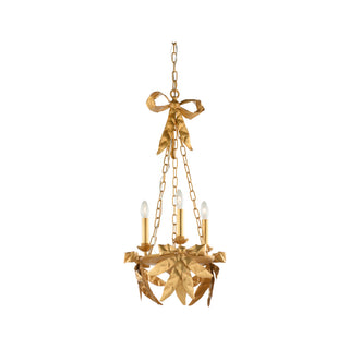 Bow Chandelier in Gold Leaf – Elegant Iron Chandelier with Flowing Bow Design, 3 Candle-Style Lights