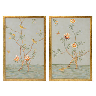 Hand-Painted Chinese Panels – Gray Chinoiserie Scene with Gold Frame, 48" Wooden Wall Décor