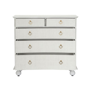 Maxwell Chest - 5-Drawer Storage with White Raffia and Antique Brass Hardware