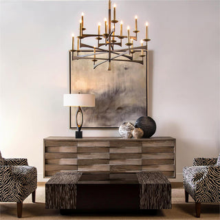 Mid-Century Modern 16-Light Chandelier in Black and Antique Brass Finish - 35" Height x 42.5" Width