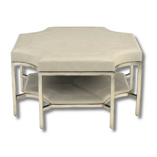 Parkdale Octagonal Ottoman in Light Grey Leather with Burnished Silver Frame