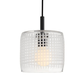 Cut Small Pendant - Clear Etched-Glass Drum Shade with Blackened Steel Top