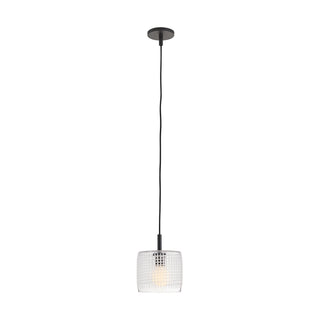 Cut Small Pendant - Clear Etched-Glass Drum Shade with Blackened Steel Top