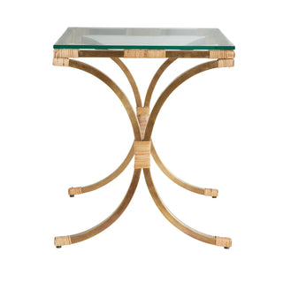 Templeton End Table - Vintage Brass and Rattan Wrapped with Clear Tempered Glass Tabletop