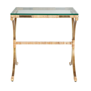 Templeton End Table - Vintage Brass and Rattan Wrapped with Clear Tempered Glass Tabletop