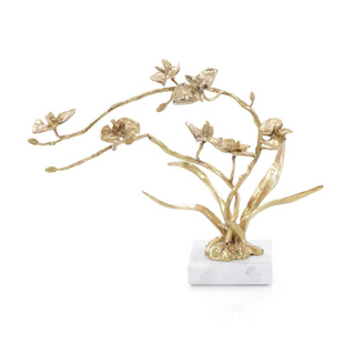 Orchids in Bloom Sculpture, Small Brass with White Marble Base