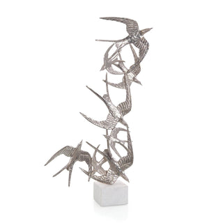 Swallows In Flight Sculpture - Nickel Finish on White Marble Base