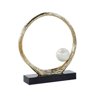 Anello di Perle Sculpture, Champagne Aluminum Ring with Pearl White Marble Orb on Iron Base, Large