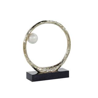 Anello di Perle Sculpture, Champagne Aluminum Ring with Pearl White Marble Orb on Iron Base, Small