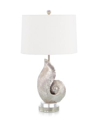 Nautilus Seashell Table Lamp with Nickel Finish and Linen Shade