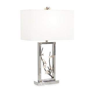 Floral Table Lamp – Polished Stainless Steel with Brass Branch & White Linen Shade, 30.5"