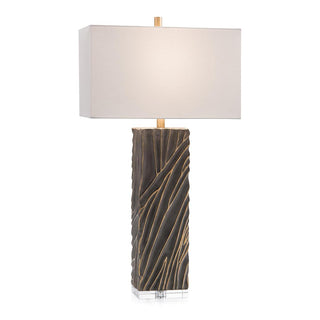 Sculpted Table Lamp – Black Body with Polished Brass Accents, Off-White Rectangular Shade