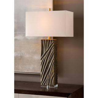 Sculpted Table Lamp – Black Body with Polished Brass Accents, Off-White Rectangular Shade