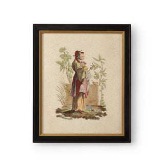 Pillement Paintings – Hand-Painted Watercolor on Paper with Brown & Antique Gold Frame