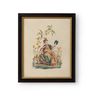 Pillement Paintings – Hand-Painted Watercolor on Paper with Brown & Antique Gold Frame