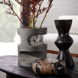 Renton Hurricane - Graphite Ricestone Composite Cubist-Style Candle Holder/Vase