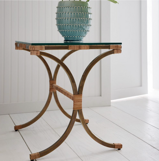 Templeton End Table - Vintage Brass and Rattan Wrapped with Clear Tempered Glass Tabletop