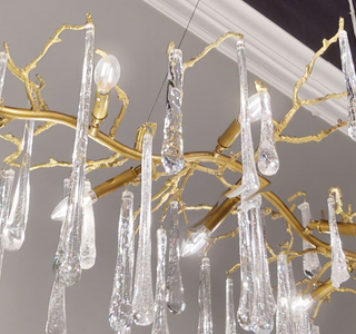 Glass Teardrop Fourteen-Light Horizontal Chandelier with Brass Branches